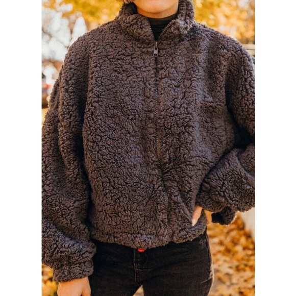 uo willow fuzzy drawstring teddy jacket blue